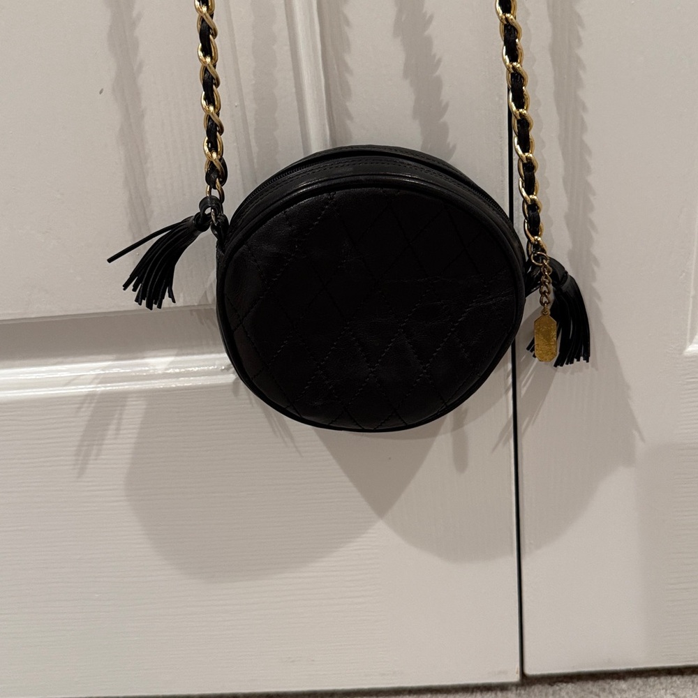 Adorable Leather Black Round Crossbody Bag. Made in Germany. About 4 Inches.